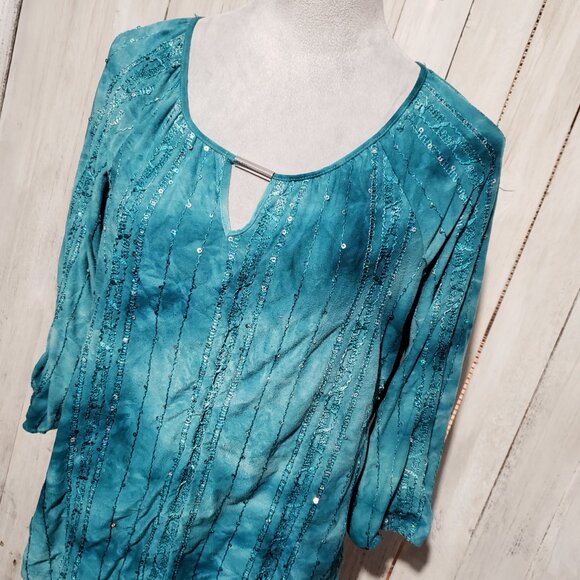 JM Collection PL LP Top Blouse Teal Blue Green Sequin Lace Trim 3/4 Sleeve Knit - Picture 2 of 6
